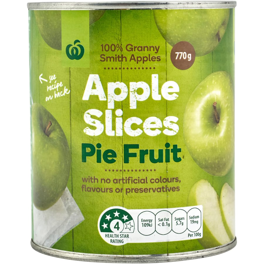 Woolworths Tinned Apples Fruit Pie Slices featuring 100% Granny Smith apples, perfect for desserts, vegan-friendly, no additives.