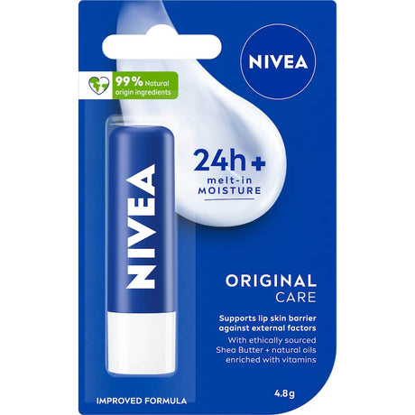 Nivea Lip Balm Original Care provides 24-hour hydration and protection for soft, healthy lips with naturally derived oils.