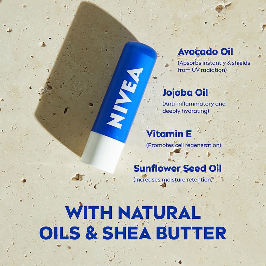 Nivea Lip Balm Original Care provides 24-hour hydration and protection for soft, healthy lips.