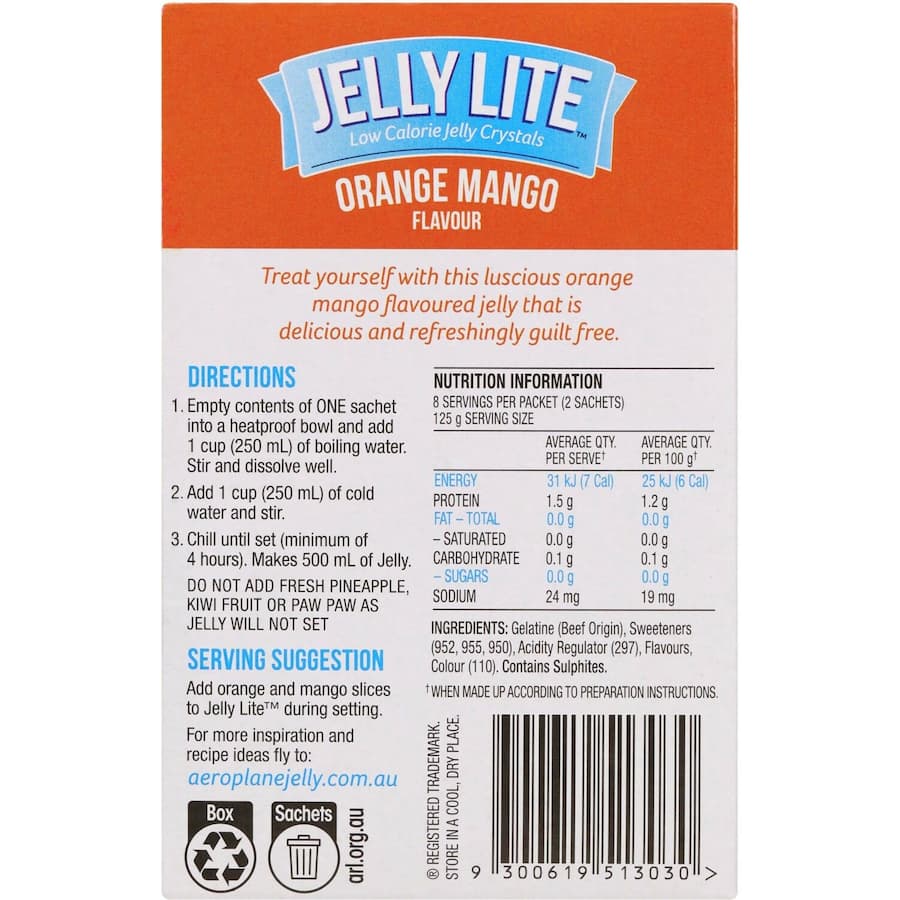 Aeroplane Jelly Lite Crystals in Orange Mango, a low-sugar, gluten-free dessert easy to prepare and perfect for any occasion.