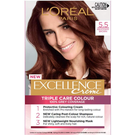 L'Oreal Excellence Mahogany Brown 5.5 hair color tube, promising 100% grey coverage and enriched with pro-keratin for strength.