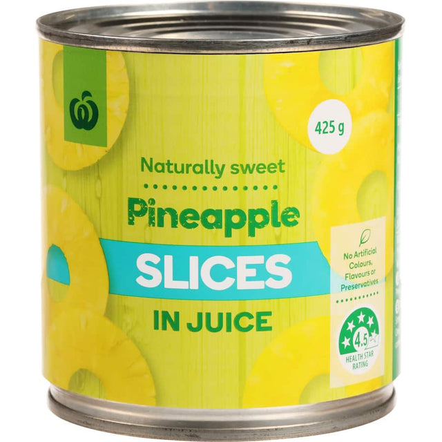 Woolworths Pineapple Slices in Natural Juice, featuring sweet pineapple slices, perfect for snacking or enhancing recipes.