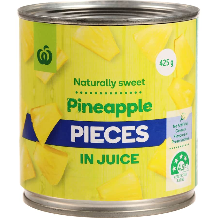 Woolworths pineapple pieces in natural juice, perfect for salads, pizzas, or desserts, with no artificial additives.