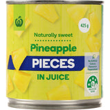 Woolworths pineapple pieces in natural juice, sweet and juicy chunks for pizzas, salads, or topping desserts, no additives.