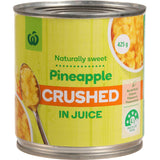 Woolworths Pineapple Crushed in Natural Juice, ripe pineapple chunks in juice for smoothies, baking, and desserts.