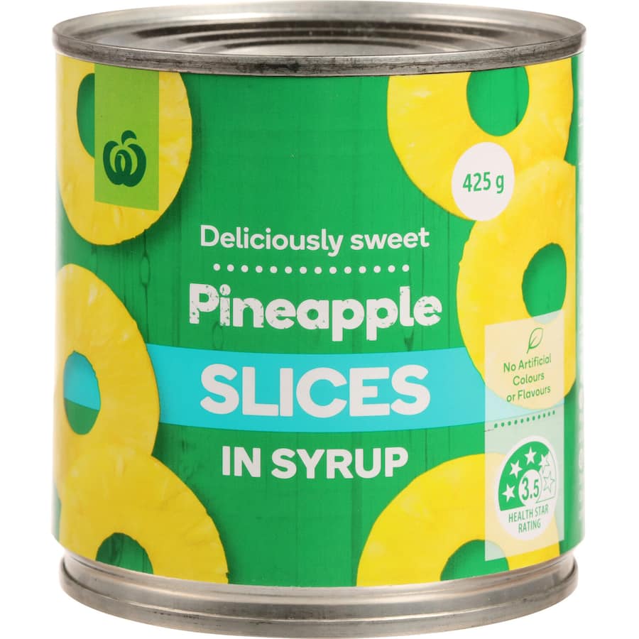 Golden pineapple slices in syrup, perfect for cereal, fruit salads, or desserts, with no artificial colors or flavors.