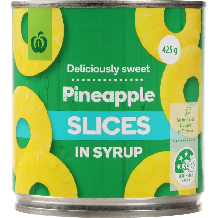 Delicious golden pineapple slices in syrup, perfect for cereal, fruit salads, or dessert toppings, with no artificial additives.