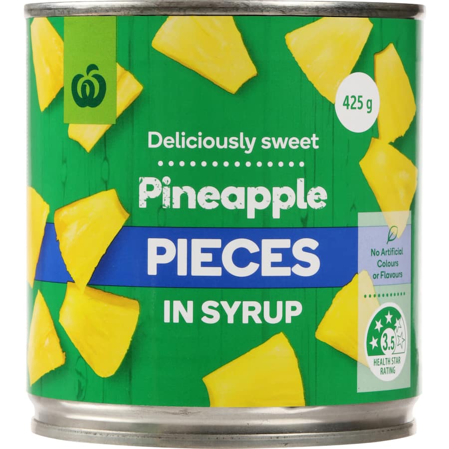 Woolworths Pineapple Pieces In Syrup: sweet, juicy pineapple chunks in syrup, perfect for salads, desserts, and cooking.