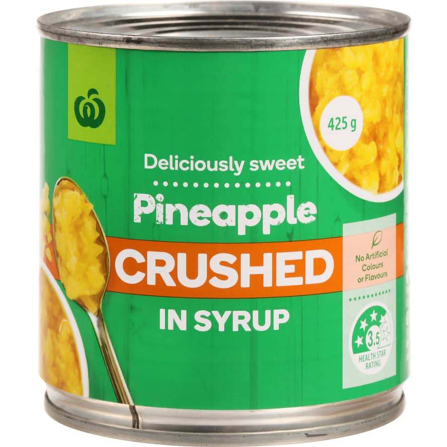 Woolworths Crushed Pineapple in syrup, sweet and juicy, perfect for smoothies, desserts, and baking without artificial additives.