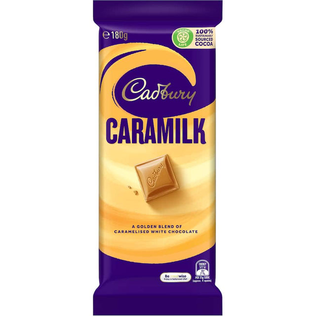 Cadbury Chocolate Caramilk bar featuring creamy milk chocolate and smooth caramel for a delightful melt-in-your-mouth experience.