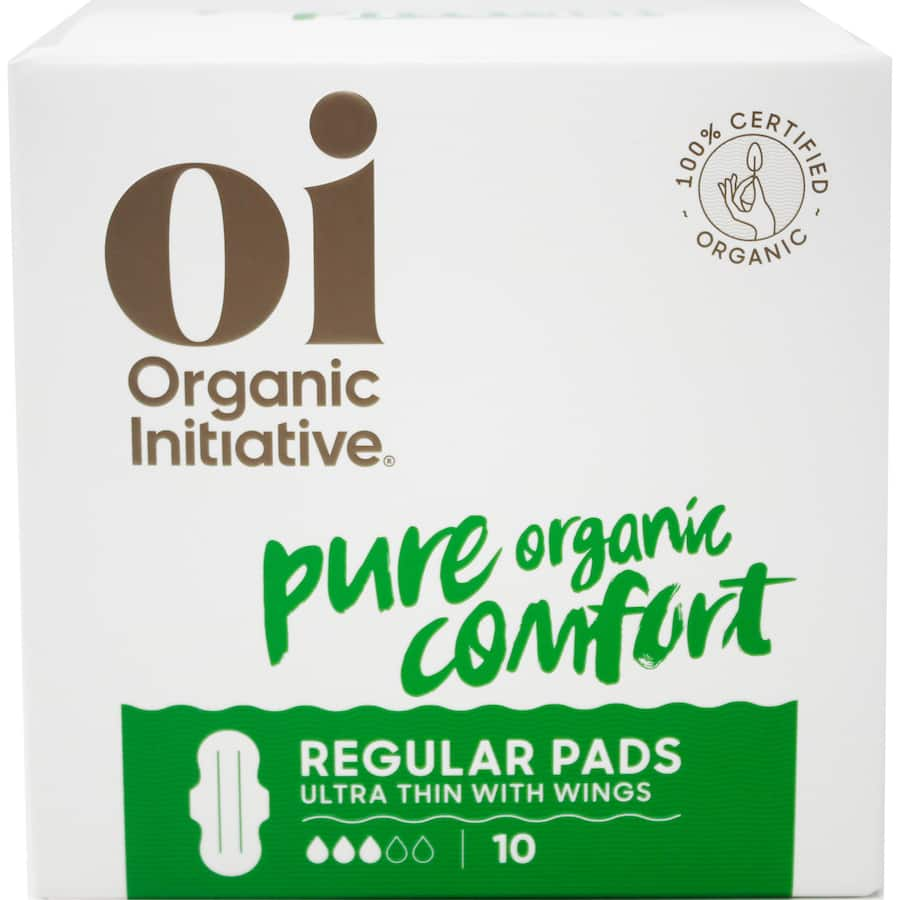 Oi 100% Organic Cotton Ultra Thin Regular Pads, eco-friendly, breathable, non-irritant, designed for light to medium flow.