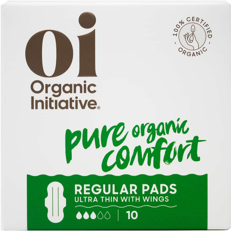 Oi 100% Organic Cotton Ultra Thin Pads, designed for comfort, featuring a slim design, wings, and eco-friendly materials.