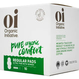 Oi 100% Organic Cotton Ultra Thin Pads in a slim design with wings, eco-friendly, soft, and suitable for light to medium flow.