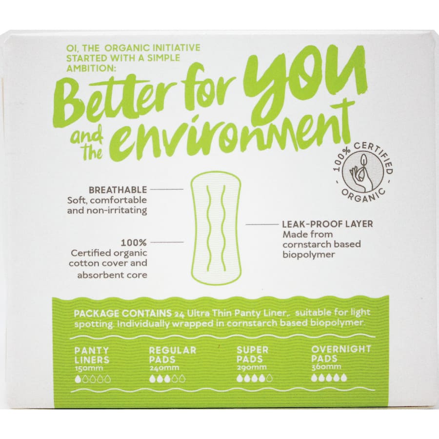 Oi 100% Organic Cotton Panty Liners, soft and eco-friendly, designed for comfort, breathability, and sensitive skin care.