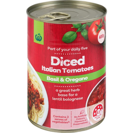 A can of Woolworths Diced Tomatoes with Italian basil and oregano, perfect for enhancing pasta, pizza, and more.