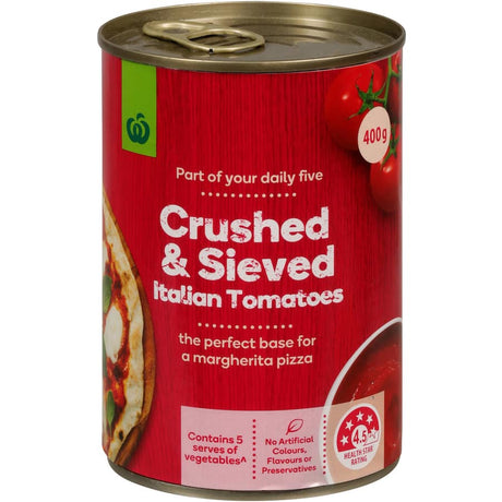 Canned Woolworths Crushed & Sieved Tomatoes Italian, 400g, perfect for sauces, pizza, and rich Italian dishes.