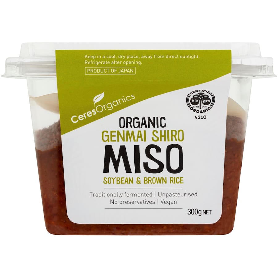 Organic Genmai Shiro Miso Paste from Ceres Organics, made with soybeans and brown rice, perfect for soups and marinades.