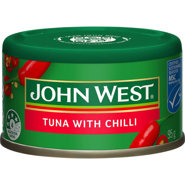 Flaked John West tuna with whole red chilli; a nutritious, flavorful option for wraps, salads, or quick meals.