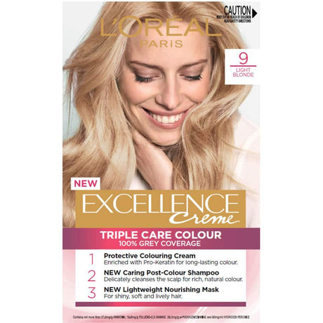 L'Oreal Excellence Light Blonde 9 hair dye offers vibrant color, grey coverage, and nourishing strength for healthy, shiny hair.