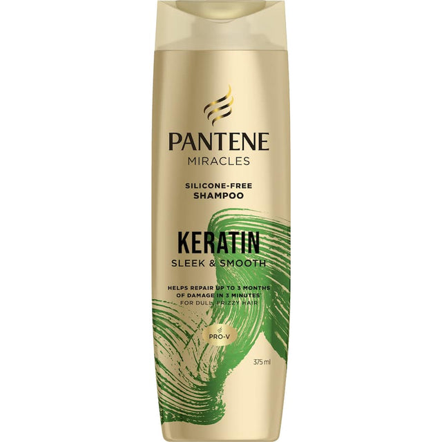 Pantene Miracles Shampoo Keratin Sleek & Smooth enhances shine, nourishes hair, and prevents frizz for silky, manageable locks.