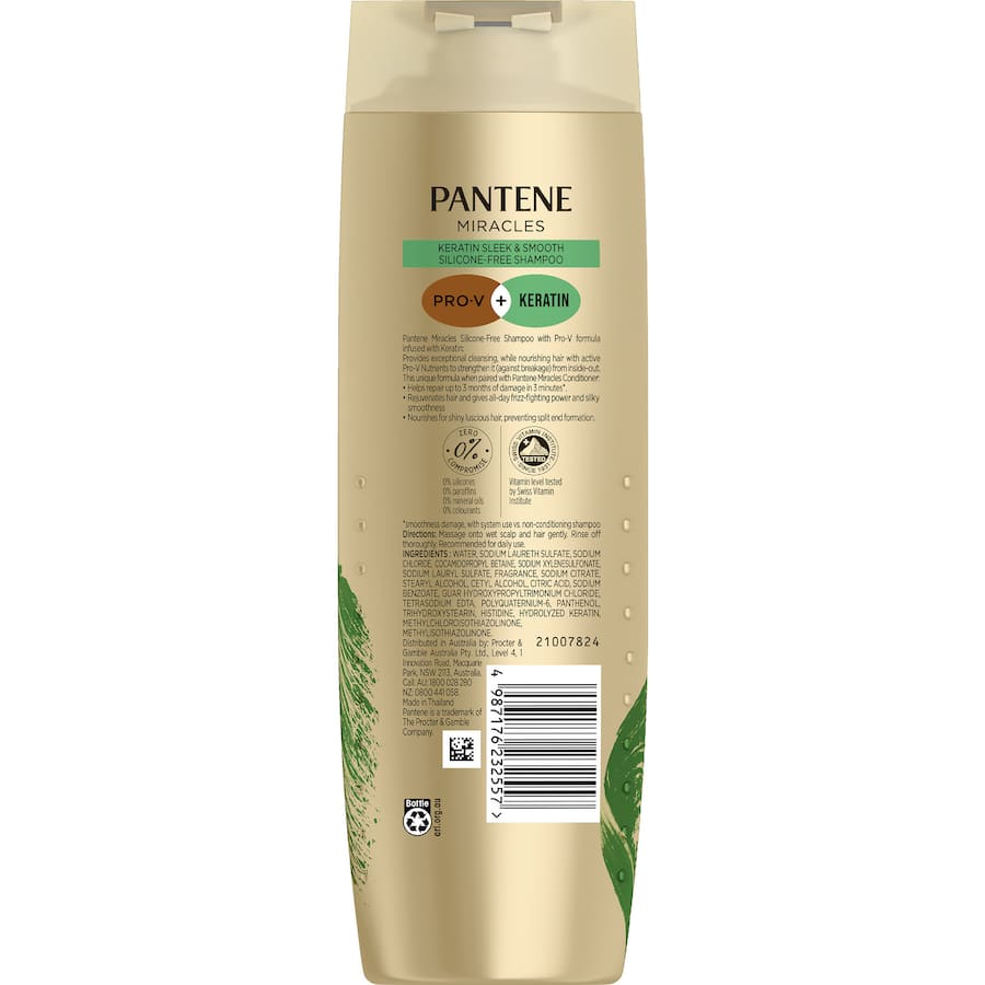 Pantene Miracles Keratin Shampoo, silicone-free, nourishes hair, fights frizz, and enhances shine for sleek, smooth locks.