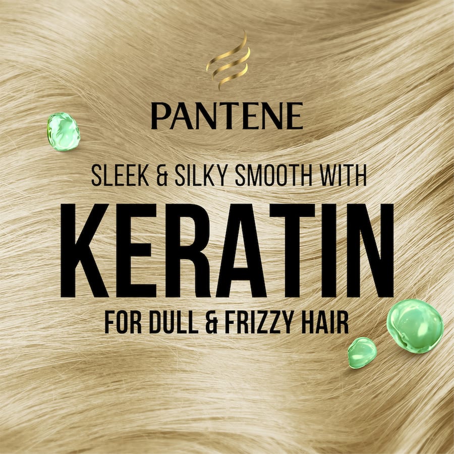 Pantene Miracles Keratin Sleek & Smooth Shampoo, providing nourishment, frizz control, and silky, shiny hair.