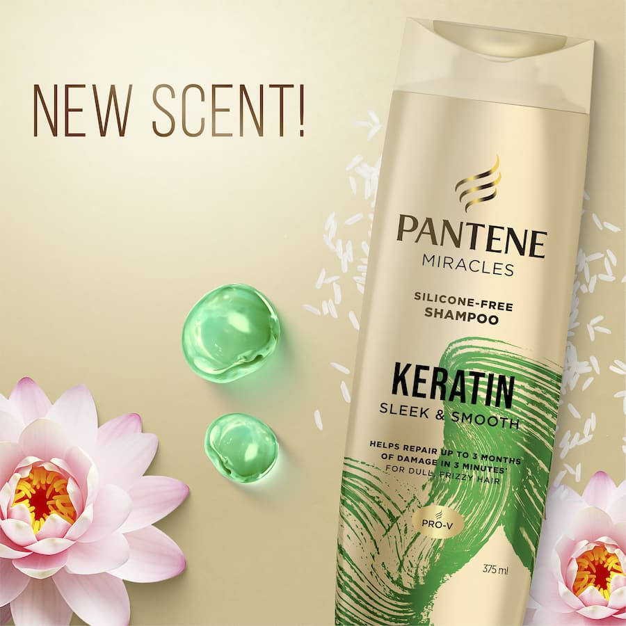 Pantene Miracles Shampoo Keratin Sleek & Smooth for silky, frizz-free hair, deeply nourishing with Pro-V nutrients and keratin.