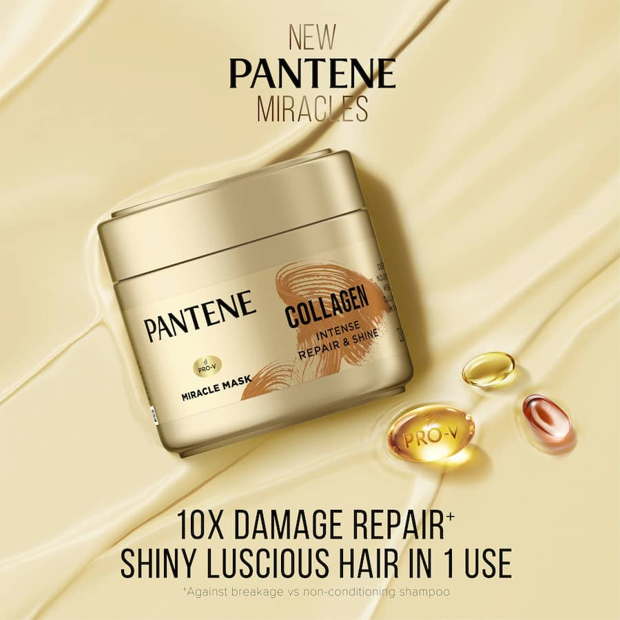 Pantene Miracles Hair Mask with collagen for repairing and enhancing shine in dry, damaged hair in just five minutes.