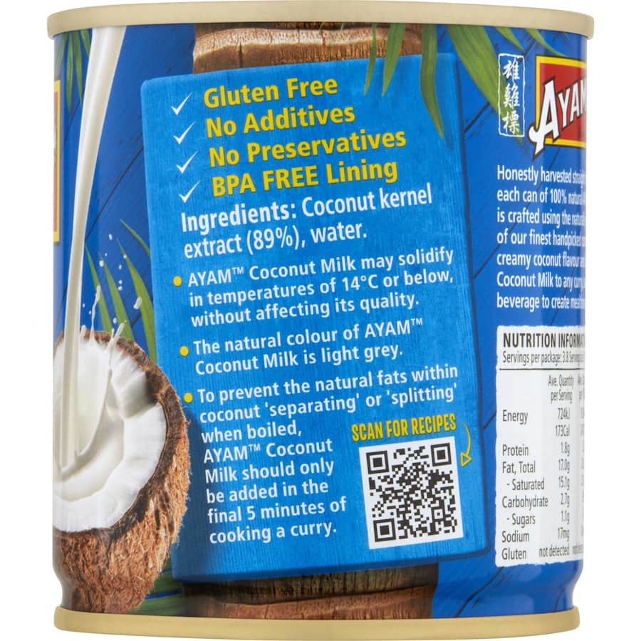 Ayam Coconut Milk Premium, rich and creamy, perfect for curries, soups, and desserts; gluten-free and dairy-free.