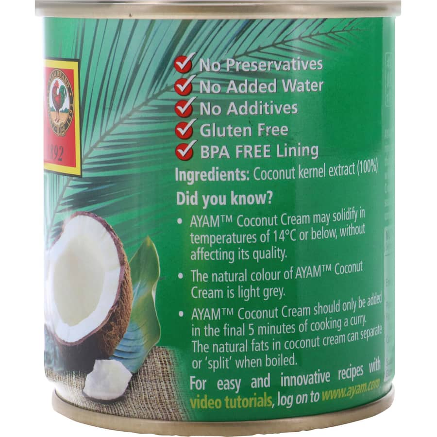 A jar of Ayam Coconut Cream Premium, made from handpicked coconuts, perfect for enhancing flavors in curries and desserts.