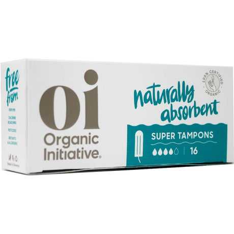 Oi 100% Organic Cotton Super Tampons, biodegradable, applicator-free, ideal for medium to heavy flow, made from organic cotton.