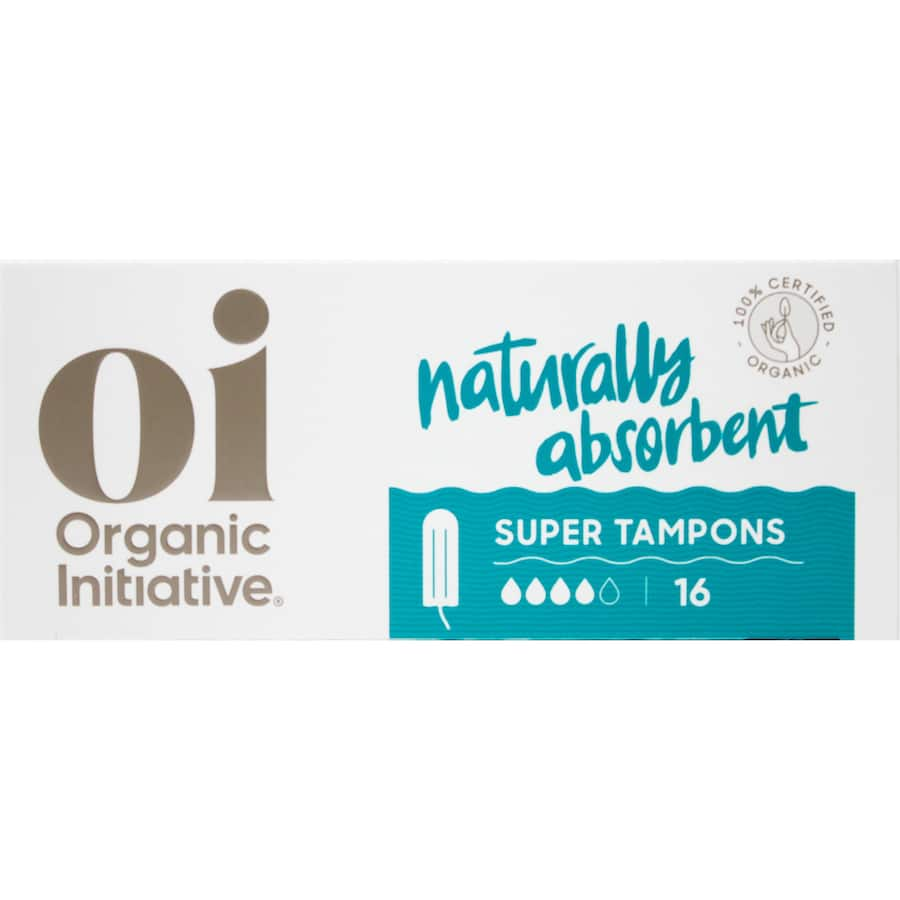 Oi 100% Organic Cotton Super Tampons, eco-friendly, absorbent, for medium to heavy flow, applicator-free, and individually wrapped.