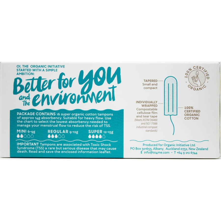 Oi 100% Organic Cotton Super Tampons for medium to heavy flow, made from certified organic cotton, eco-friendly and applicator-free.