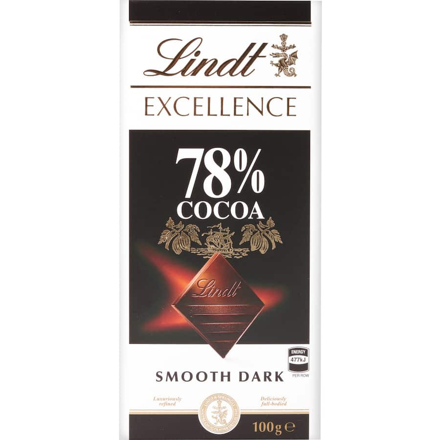 Lindt Excellence Dark 78% chocolate bar, rich in flavor and smooth texture, perfect for indulgence and gourmet pairing.