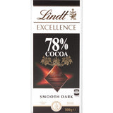 Lindt Excellence Dark 78% chocolate bar, rich in flavor and smooth texture, perfect for indulgence and gourmet pairing.