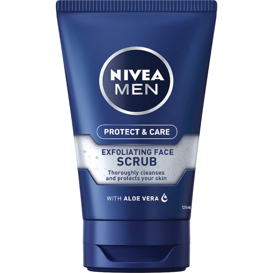 Nivea For Men Care & Protect Facial Scrub with micro-scrubs, aloe vera, and Pro-Vitamin B5 for deep cleansing and smooth skin.