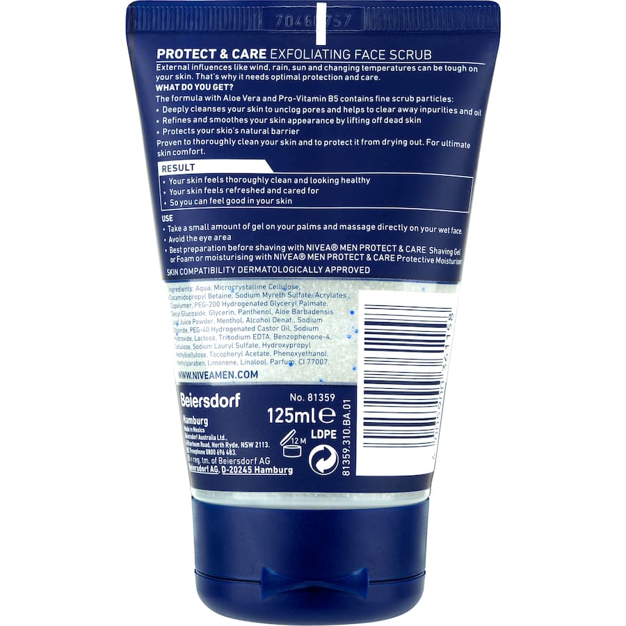 Nivea For Men Care & Protect Facial Scrub with aloe vera and Pro-Vitamin B5 for deep exfoliation and smoother skin.