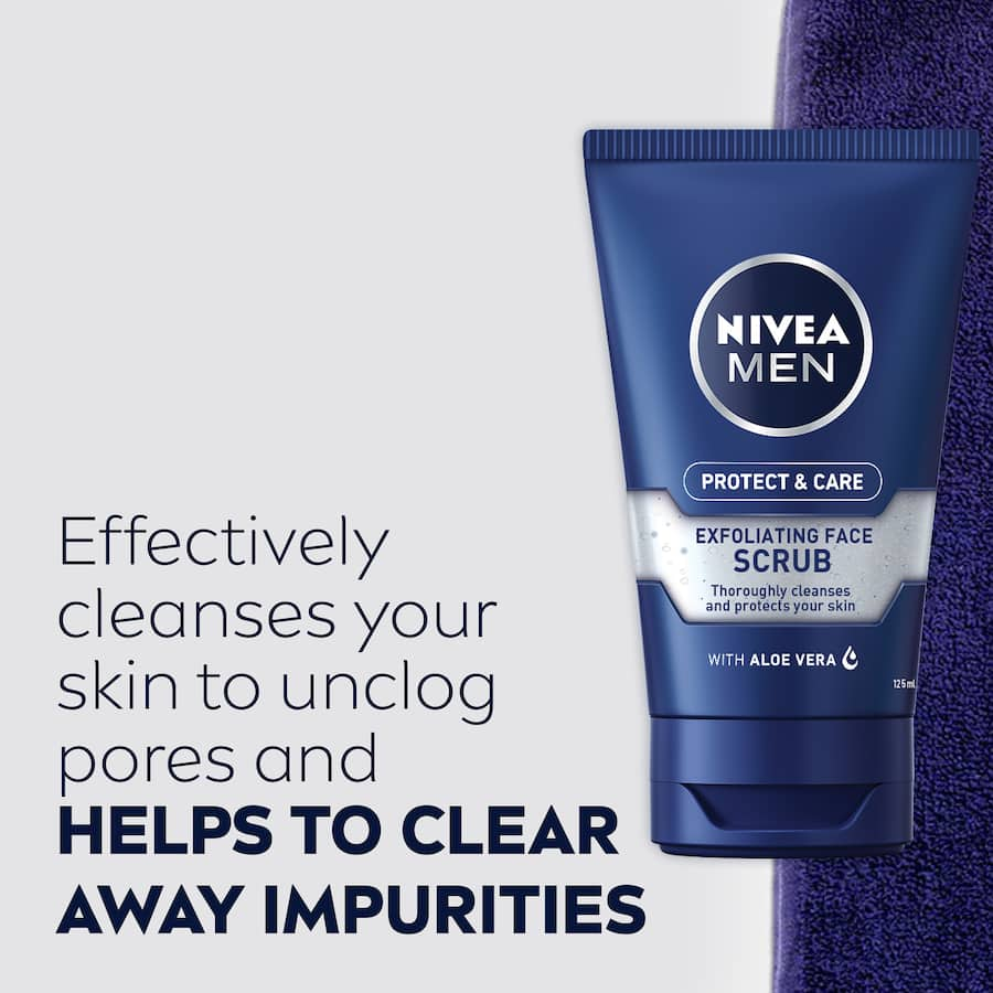 Nivea For Men exfoliating facial scrub with aloe vera and Pro-Vitamin B5 for smooth, refreshed skin. Ideal for all skin types.