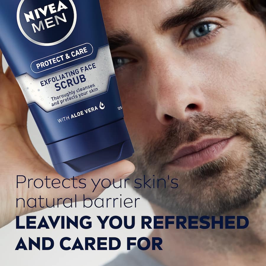 Nivea For Men Care & Protect Facial Scrub, an exfoliating formula with aloe vera and Pro-Vitamin B5 for refreshed skin.