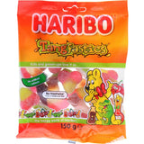 Colorful sugar-coated Haribo Tangfastics gummies in various shapes, delivering a tangy, sour flavor experience.