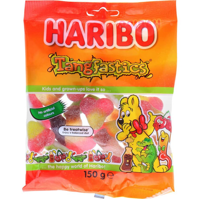 Colorful sugar-coated Haribo Tangfastics gummies in various shapes, delivering a tangy, sour flavor experience.