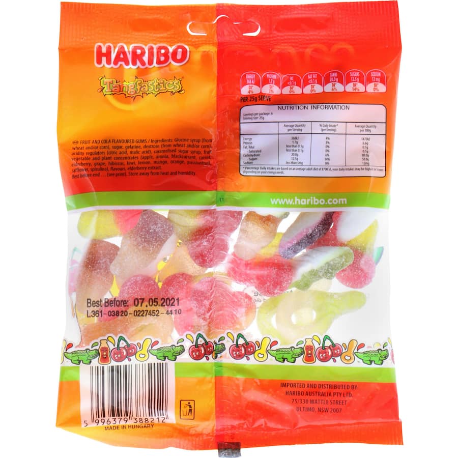 Sugar-coated Haribo Tangfastics gummies in various shapes, offering a tangy flavor explosion for sour candy lovers.