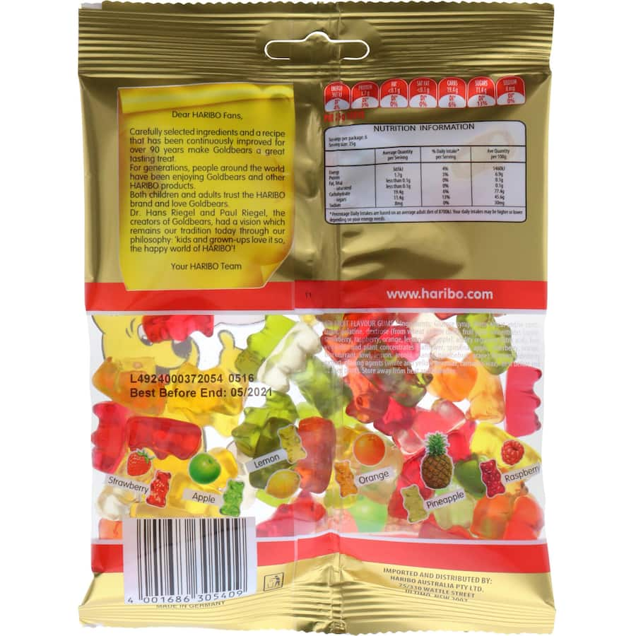 Colorful Haribo Jelly Sweets Gold Bears, soft gummy candies in fruity flavors like pineapple, orange, and strawberry.