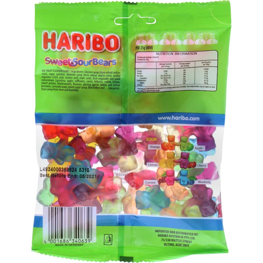 Cute bear-shaped gummies in sweet & sour flavors: lemon-cherry, orange-apple, currant-blueberry. Perfect for sharing!