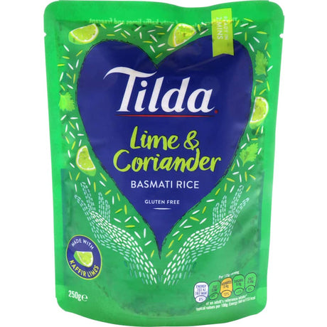 Tilda Steamed Rice Lime & Coriander Basmati in a microwavable pouch, featuring zesty lime and fragrant coriander.