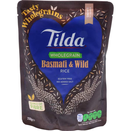 Tilda Steamed Rice Brown & Wild Basmati pouch featuring wholegrain basmati and wild rice, ready-to-eat and gluten-free.