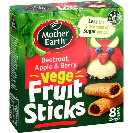 Nutritious Mother Earth Fruit Sticks featuring beetroot, apple, and berry flavors, perfect for healthy snacking on-the-go.