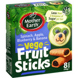 Mother Earth Fruit Sticks featuring spinach, banana, and berry flavors in a soft, gluten-free snack for healthy munching.