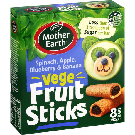 Mother Earth Fruit Sticks featuring spinach, banana, and berry flavors in a soft, gluten-free snack for healthy munching.