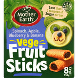 Mother Earth Fruit Sticks featuring spinach, banana, and berry flavors; a nutritious, soft snack for health-conscious families.